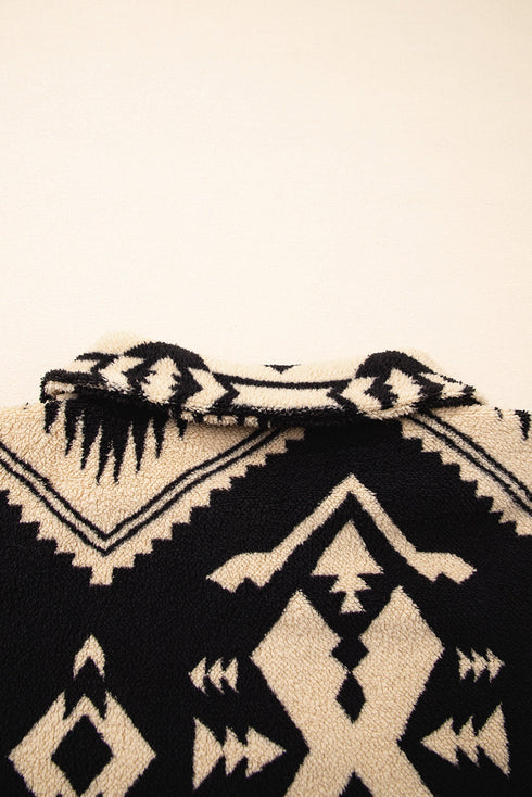 Aztec Yoke Sherpa Half Zip Stand Collar Kangaroo Pocket Sweatshirt
